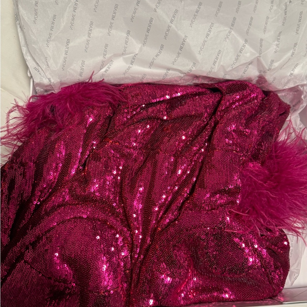 Nadine Merabi Pink Sequin Dress with Feather Accents